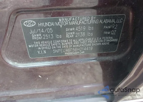 2006 Hyundai Sonata Gls V6/Lx V6 from USA, damaged, VIN 5NPEU46F56H014419